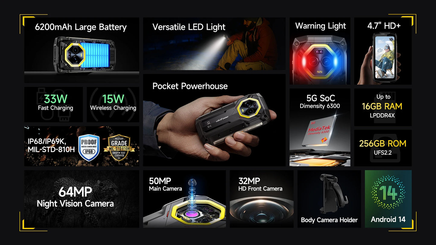 Ulefone 4.7" Rugged Phone Armor Mini 20 Pro 5G Android 14 16+256GB Smartphone LED Light 64MP Night Camera Mobile phone