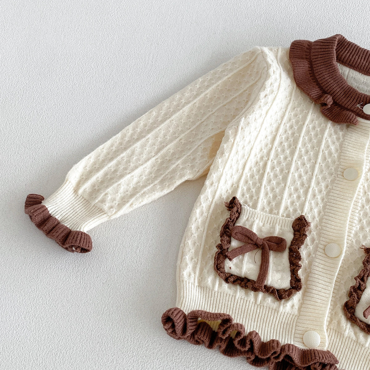 2026 Fall/Winter New Collection Girls' Set, Infant Bow Ruffled Trim Solid Color Knit Top and Pants