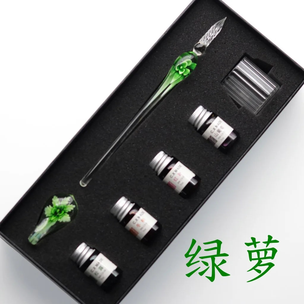Embedded flower glass pen set, colored dipping pen, street vendor gift box, signature pen, glass pen gift