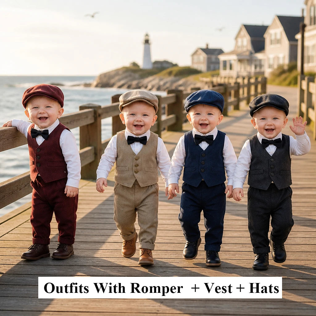 Newborn Baby Boy Clothes Set Cotton Soft Infant Clothing Sets Boys Party Dress 0-3 Years Old Toddler Outfits with Vest and Hats