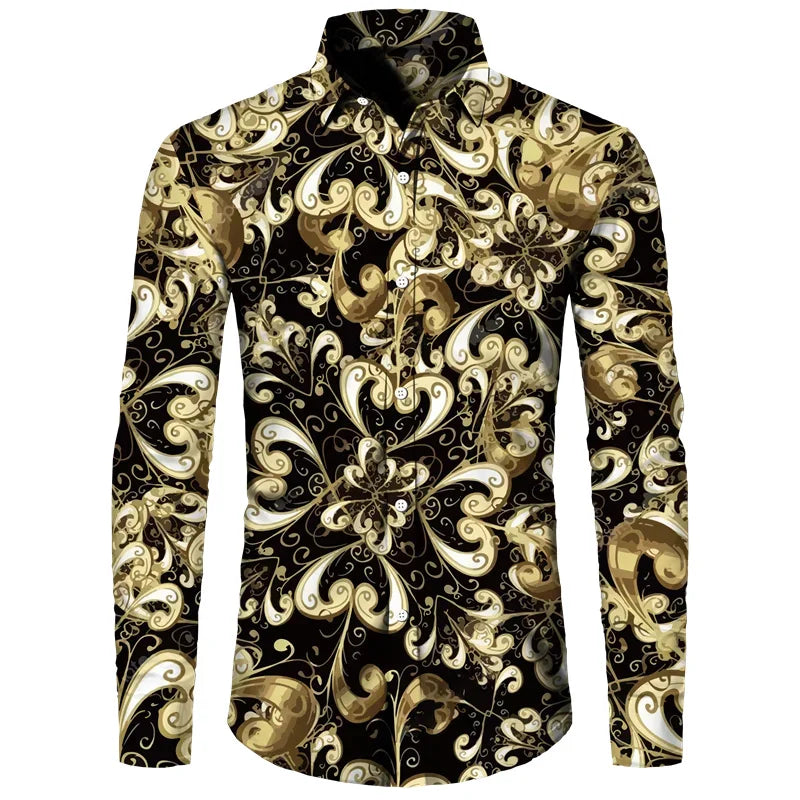 2024 New Luxury Golden Flower Chain 3D Print Men Lapel Button Shirts Long Sleeve Shirt Casual Mens Designer Clothing Streetwear