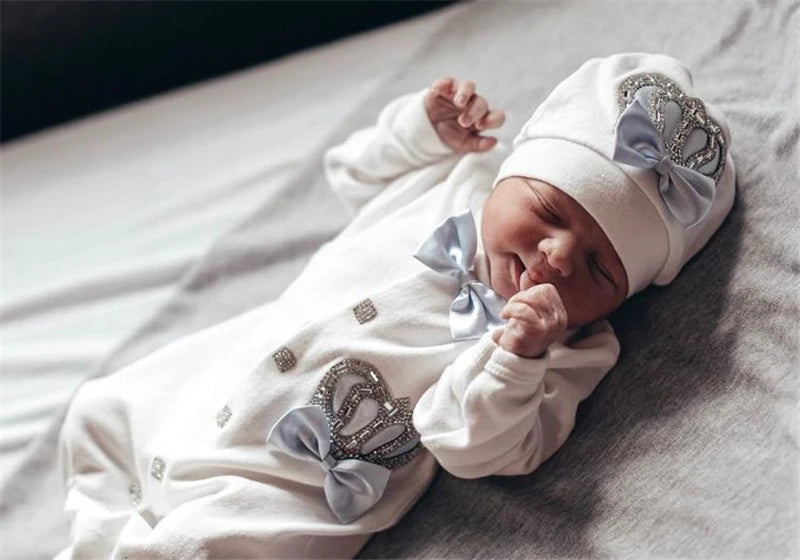 Dollbling Newborn 5pcs Layette Outfits Set Baby Tuxedo Outfit 0-3M Handmade Embroidery Wheat Jewels Crown Parajams Gift Set