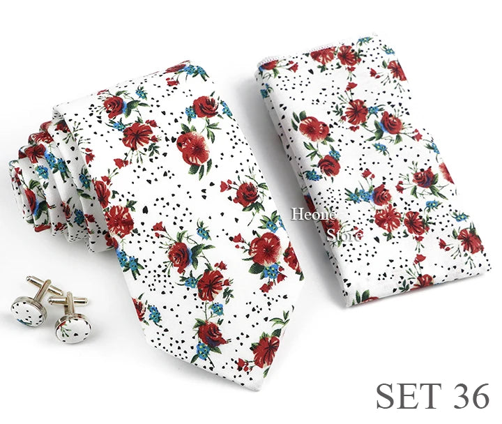 Hot Sell 3PC Chic Elegant Floral Tie Set Pocket Square Cufflinks For Men Women Wedding Party Dinner Suit Tuxedo Accessory Gift