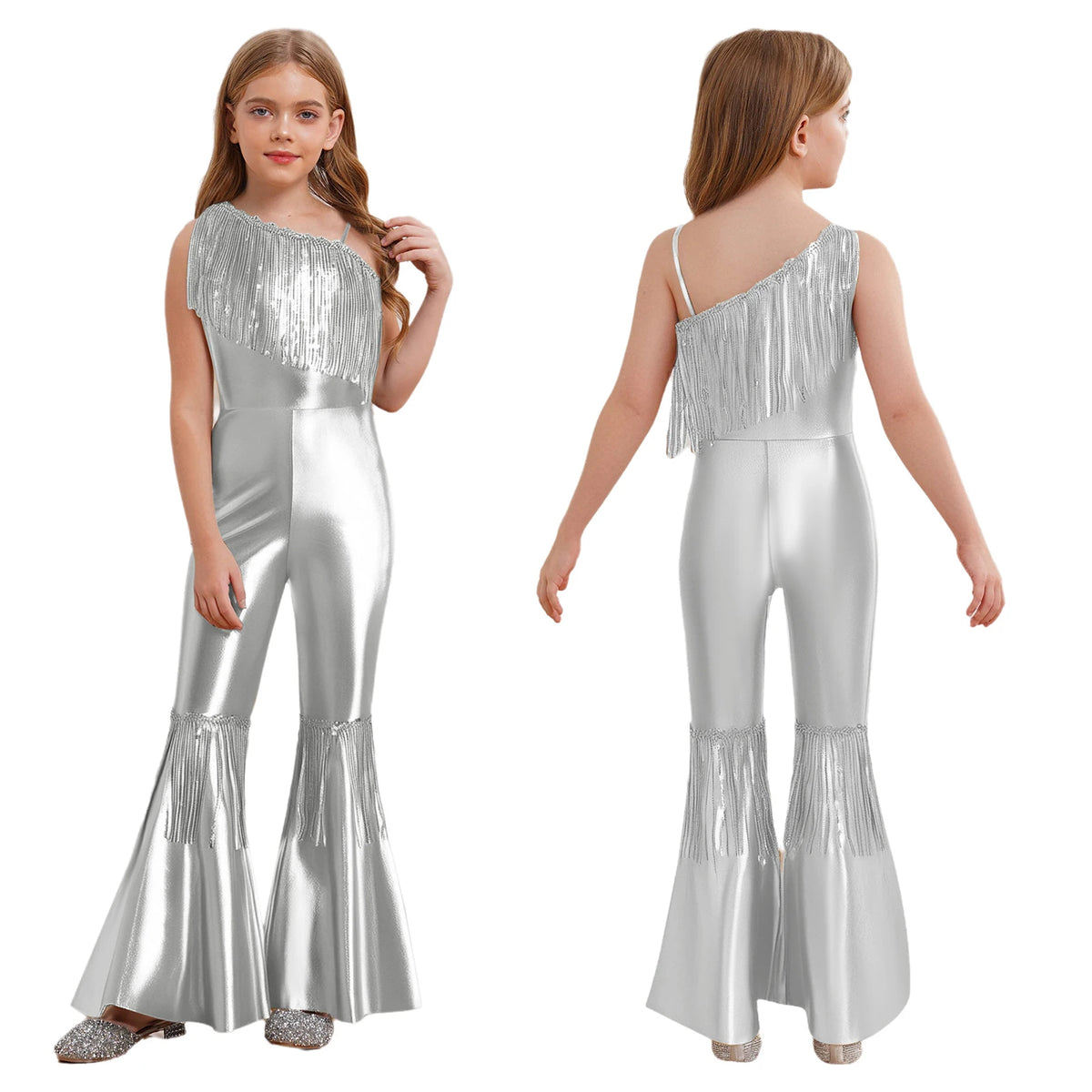 Halloween Kids Girls Hippie Costume Tassels Unitard Bell-bottom Long Pants Bodysuit Jumpsuit for Disco Dance 60s 70s Rave Party