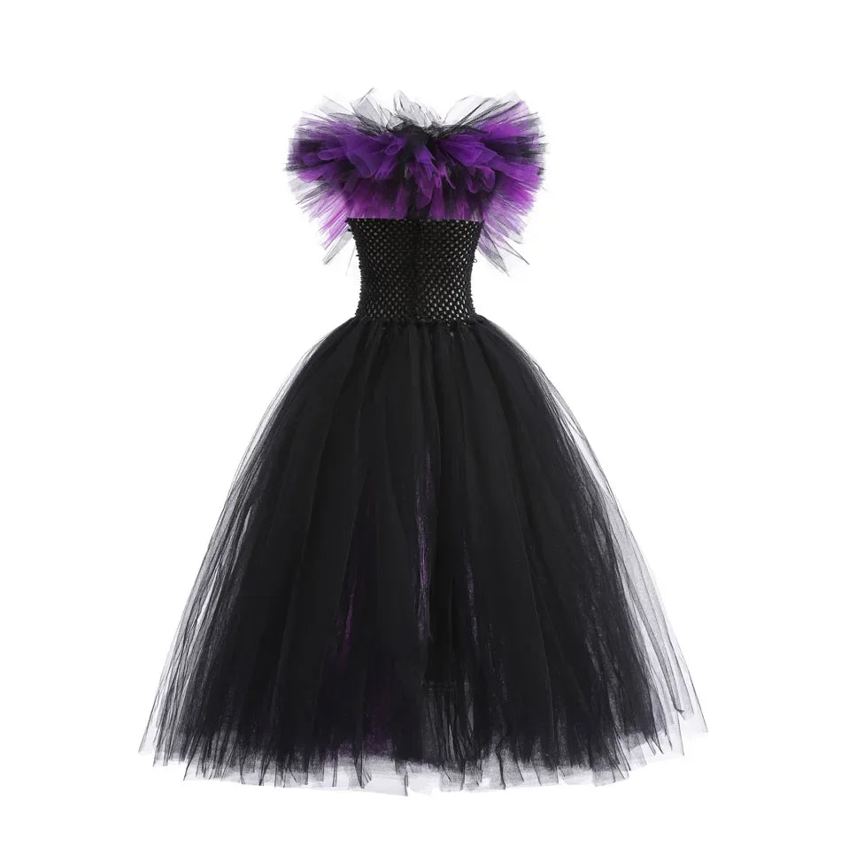 Halloween Costume For Kids Black Purple Witch Dress Luxury Lace Evil Role Playing Costume Maleficent Dress Up Outfit Tulle Dress
