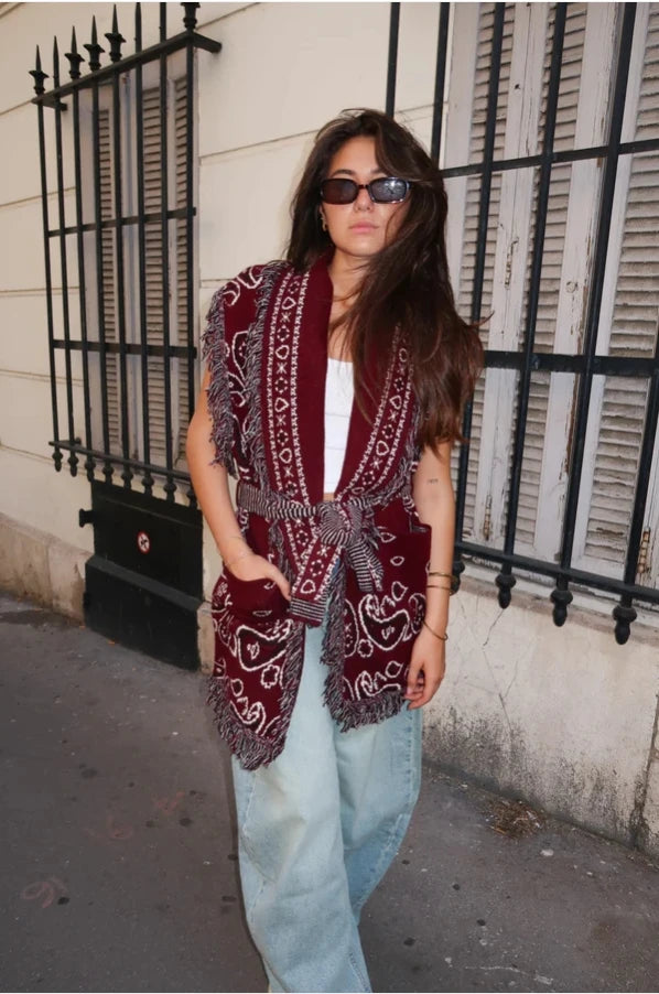 Women's Print Fringe Knitted Vest Coat Fashion Sleeveless Tie Waist Pocket Cardigan Sweater Lady 2025 Autumn Casual Outerwear