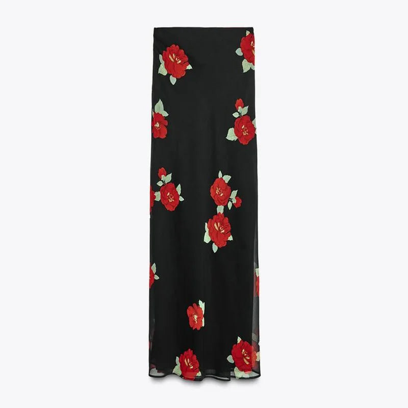 Sexy Flower Print Top Long Skirt Set Women Slim Ruffle Strap U-neck Top Loose High Waist Skirts  Fashion Summer Party Suit