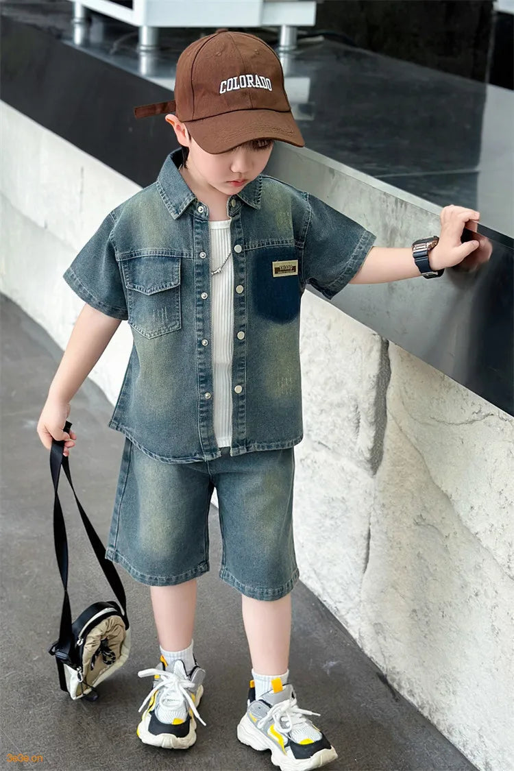 2025 Trendy Boys' Denim Set Vintage Wash Short Sleeve Shirt & Shorts 2-Piece Summer Outfit
