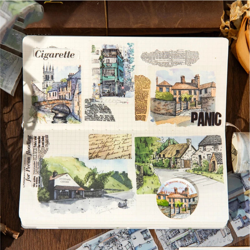 JIANWU 60mm*200cm Four Seasons with You Series Vintage Building Landscaping PET Tape Creative DIY Journal Collage Stationery