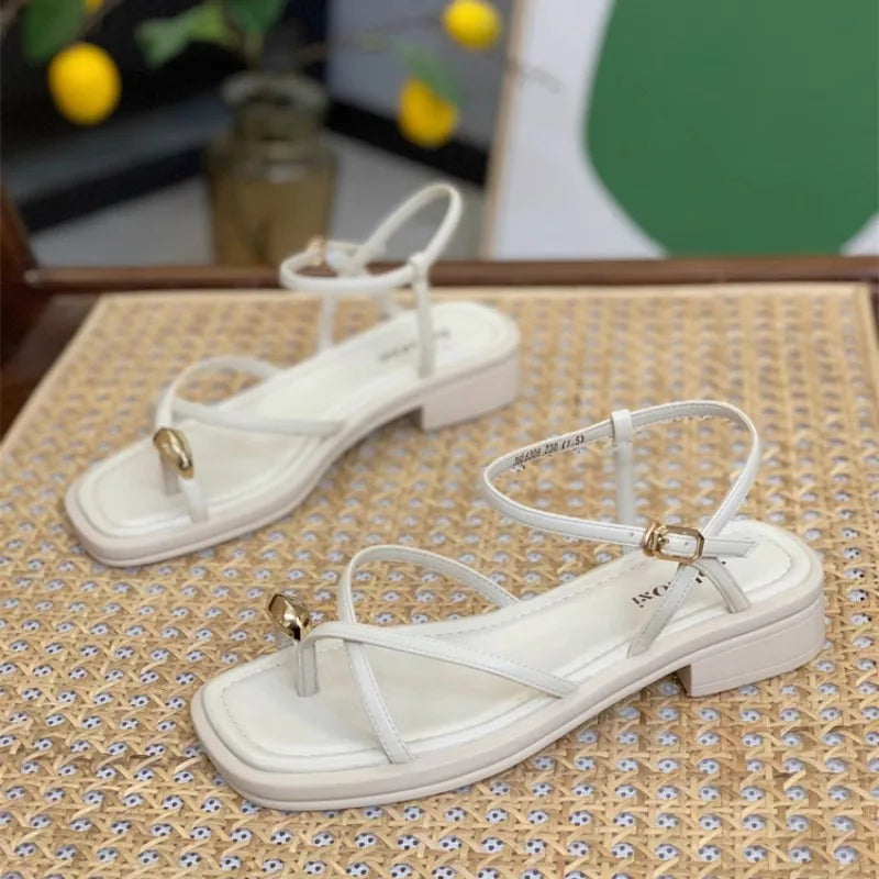 Sandals Women 2024 Summer New Fashion Square Toe Roman Shoes Simple Fairy Strap Women Shoes Flat Casual Shoe Sandalias De Mujer