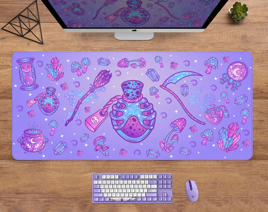 Cute Kawaii Goth Mouse pad XL Pastel Witch Desk Mat Large Gaming Deskmat Purple Magic Mushroom Forager/Hunter Witchy Mousepad
