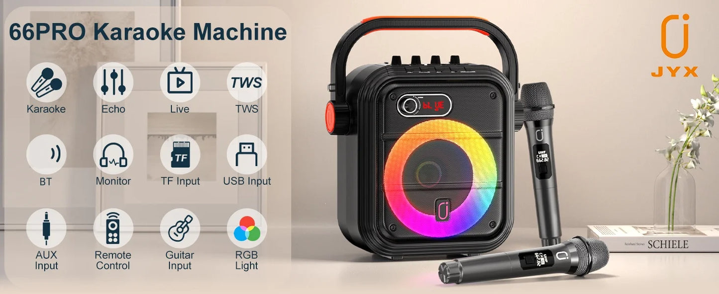 Karaoke Machine with 2 Wireless Microphones, Portable Bluetooth Speaker with RGB Light, Supports TF/USB, AUX, FM, Rec, TWS