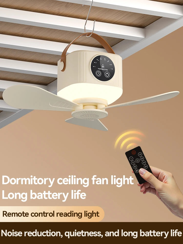 Mini Ceiling Fan, 4 Speeds, LED Screen, 3-Level Night Light, 4 Timers (1-8H), 3600mAh Battery, Remote, Quiet USB Fan for Camping