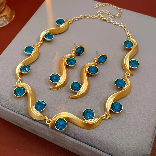 1/2 Pcs Unique Round Wave Long Earrings Blue Rhinestone Adjustable Chain Necklace Bohemian Women Fashion Jewelry Set Vacation N
