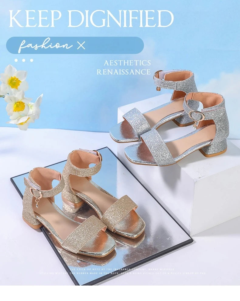 Fashion Children's Summer Sandals Sequins Simple Girls Causal Princess Low-heel Dress Shoes Wedding Party Kids High-top Sandals