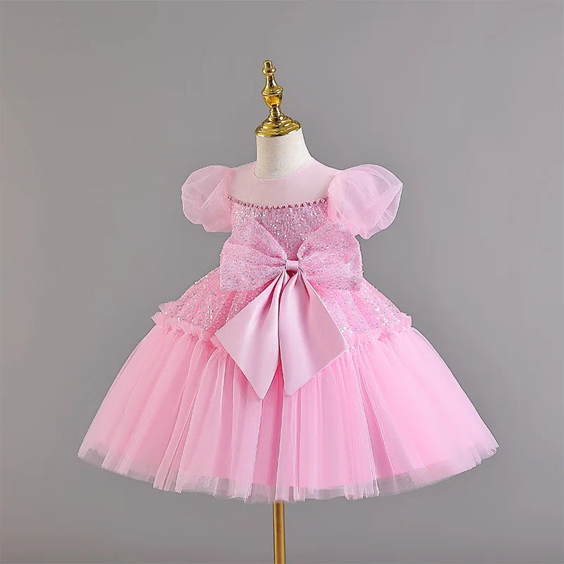 Summer clothing suitable for toddlers mesh large bow baby's first birthday ball dress white baby girl baptism dress