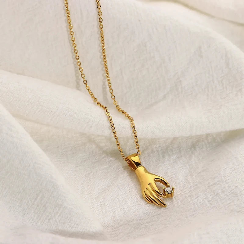 Dancy Fairy Stainless Steel Shiny Stone Abstract Palm Pendant Necklace for Women 18K Gold Color Hand Pick Star Charm Necklace