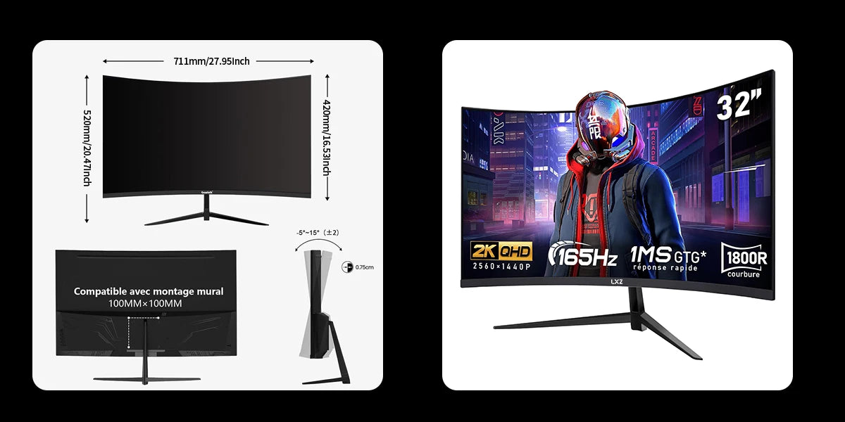 LXZ Curved 32 Inch Gaming Monitor 1800R, 2K QHD 165hz Frameless Display 99% sRGB, 178°Wide Viewing Angle, Display Port HDMI