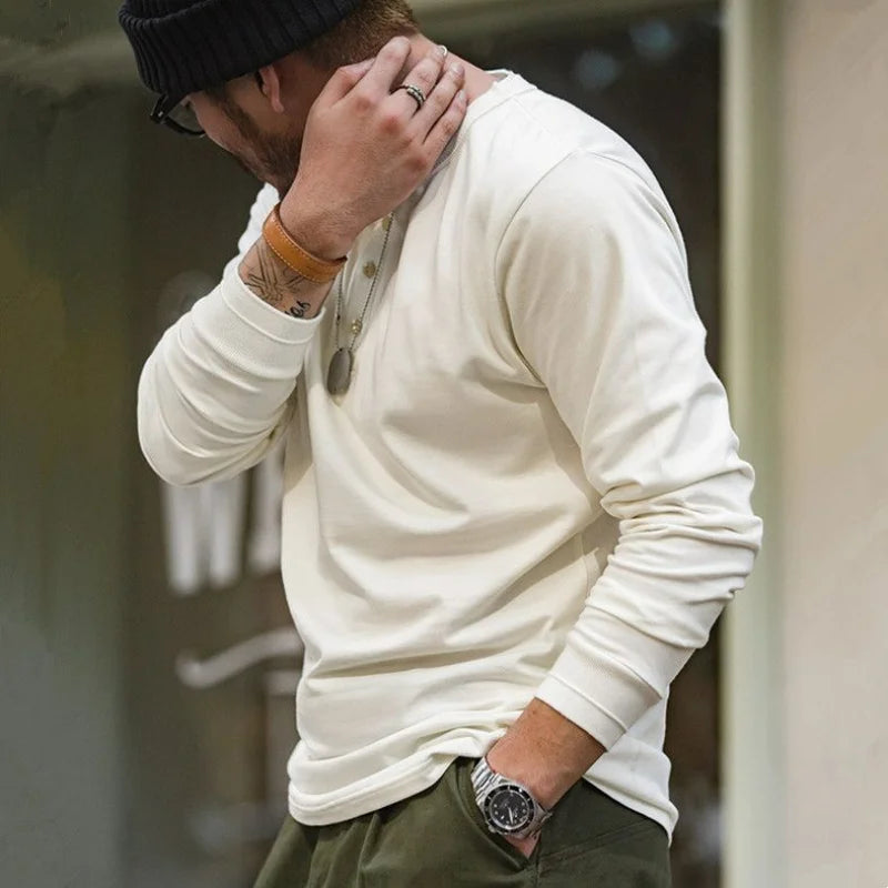 Vintage Daily Stand Neck T-shirt Men's Solid Patchwork Button Trendy Temperament Simple Cotton Long Sleeved Top JJ356