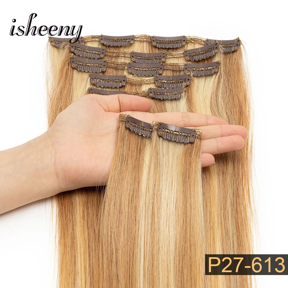 Isheeny 12"-24" Clip In Human Hair Extensions Brazilian Remy Natural Clip Human Hair Extension Real Natural Clip On 50G-120G NEW