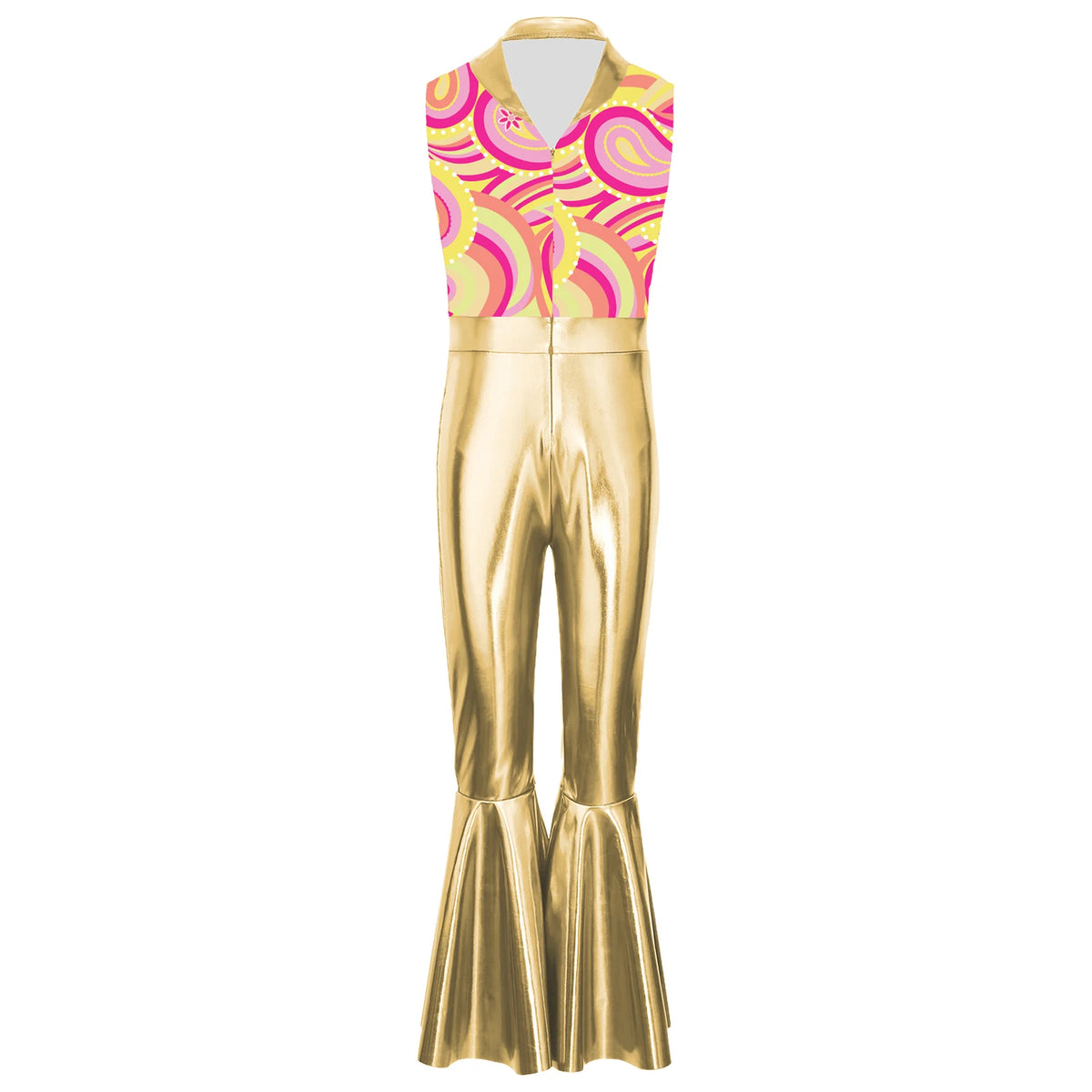 Children Boys 70-80s Disco Hippie Cowboy Costume Metallic Shiny Zipper Bell-bottom Jumpsuit for Halloween Carnival Cosplay Party