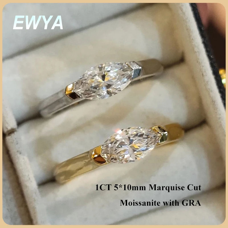 EWYA 1CT Marquise Cut Moissanite Solitaire Ring For Women 925 Silver GRA Certified Diamond Wedding Band Party Bridal Rings Gift