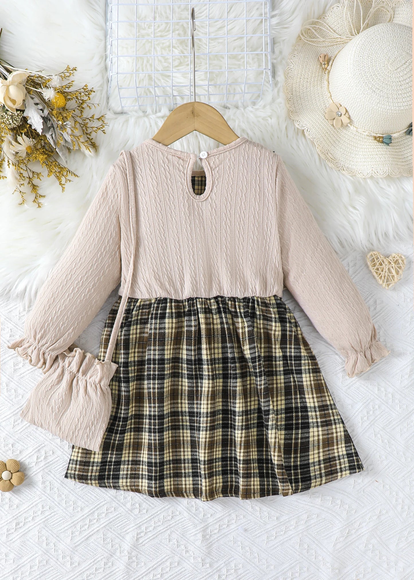 2pcs girls' Fried Dough Twists stitching plaid fake two round neck long sleeve dresses with bags, suitable for autumn and winter