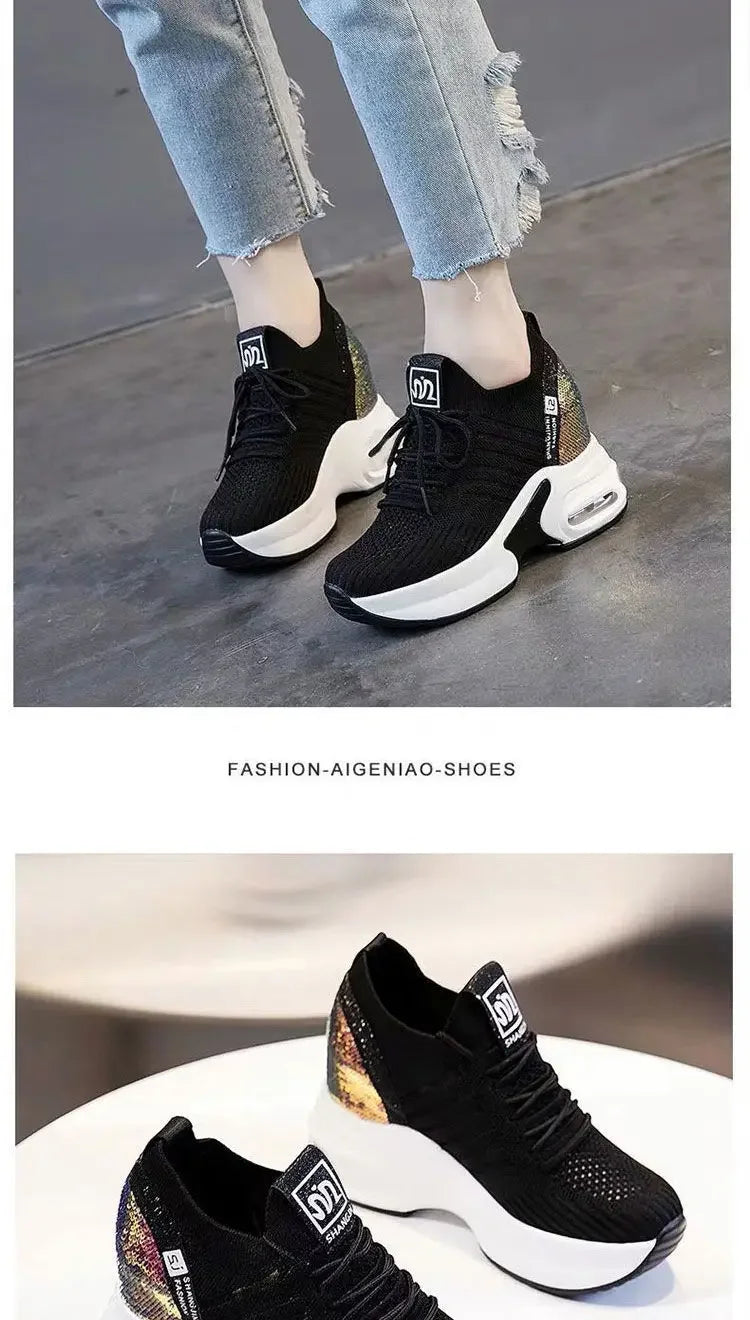 2025 Women's Sneakers Spring Sequined Casual Shoes Woman Platform Heels Wedges Height Increasing Knitted Ladies Vulcanized Shoes