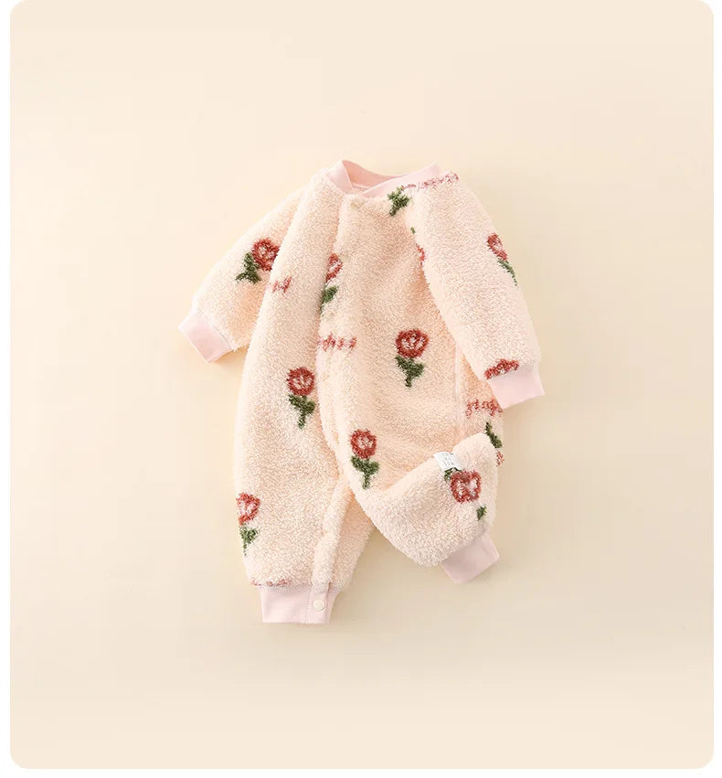 2026 Boys Girls Winter Spring Jumpsuit 0-24M Newborn Fleece Lined Long Sleeve Onesie Infant Cartoon Print Soft Warm Baby Romper
