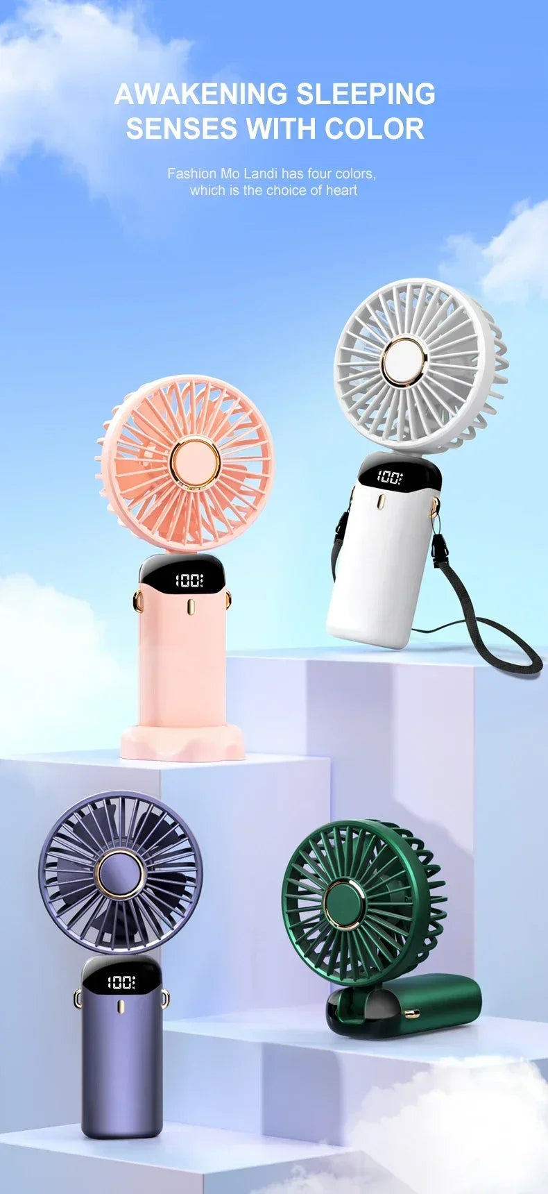 Portable Handheld Mini Fan Foldable Neck Hanging Fans 1800mAh 5 Speed USB Rechargeable Fan with Phone Stand and Display Screen