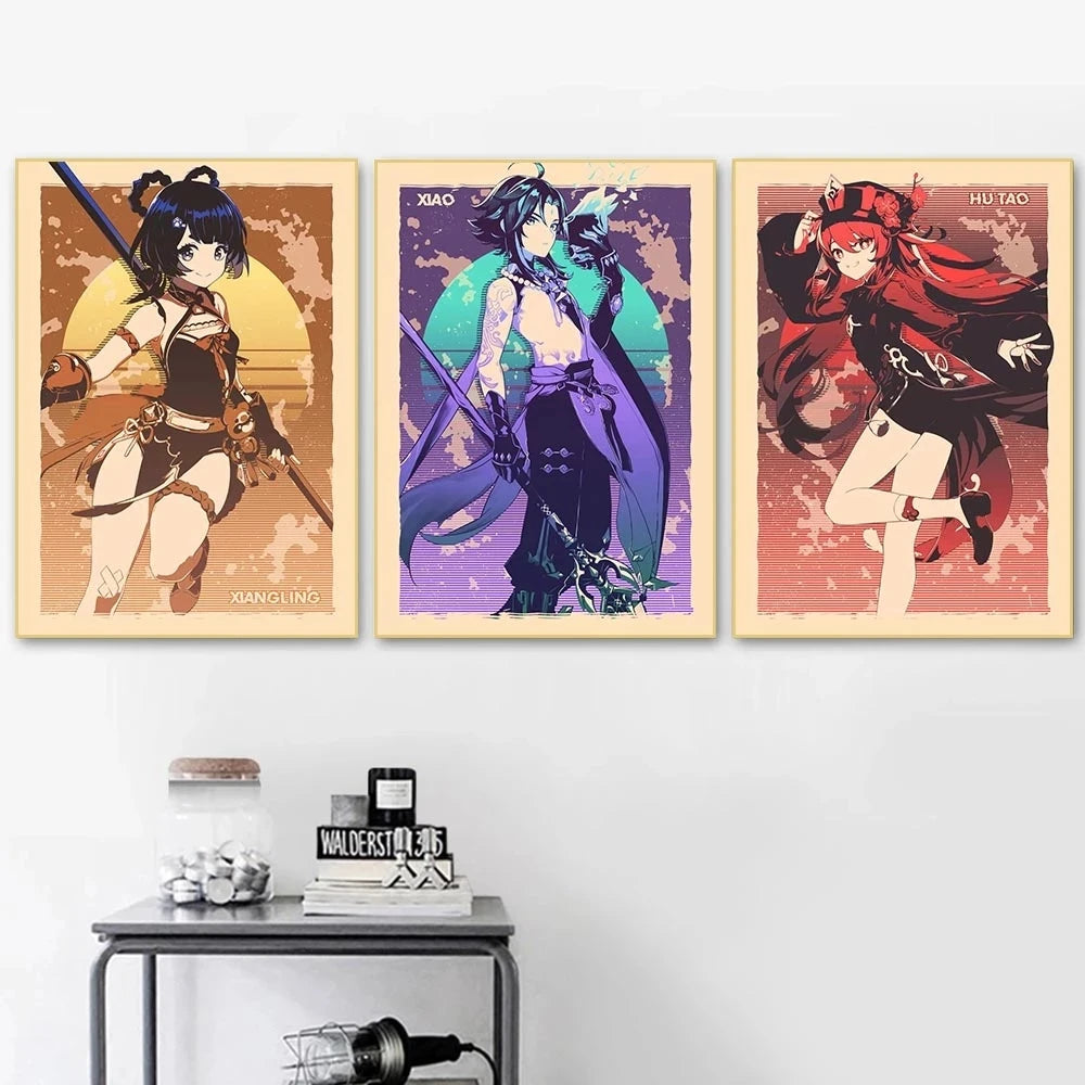 Genshin Game Retro Canvas Poster Ganyu Hu Tao Game  Wall Hanging Painting Anime Wall Art Pictures and Print for Home Room Decor