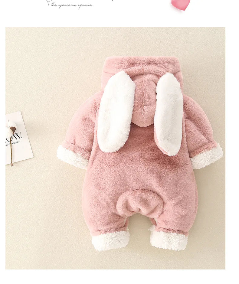 ZOETOPKID Baby Rompers Winter Warm Coral Fleece Newborn Boys Girls Clothes Cartoon Rabbit Coats Infant Jumpsuit Animal Overalls