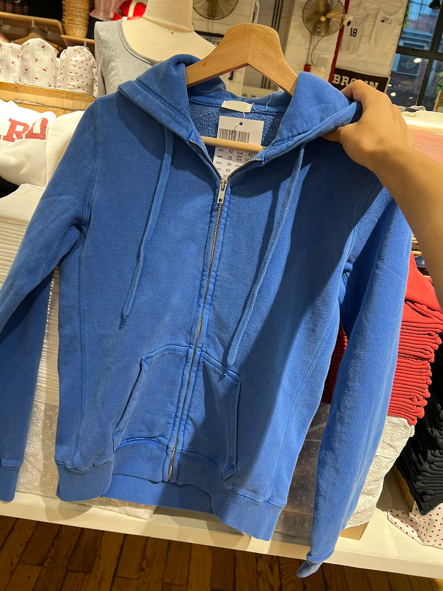Blue Long Sleeve Zip-up Hoodies Women Autumn Pocket Drawstring Hooded Sweatshirts Preppy Style American Vintage Zipper Outerwear