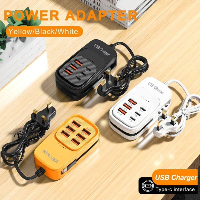 New USB Charger 6-in-1 Power Strip Desktop Charging Station With Fast Charging Cord EU US Plug USB/C HUB Adapter Socket 3PD 3USB