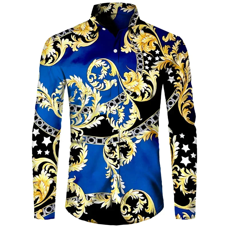2024 New Luxury Golden Flower Chain 3D Print Men Lapel Button Shirts Long Sleeve Shirt Casual Mens Designer Clothing Streetwear