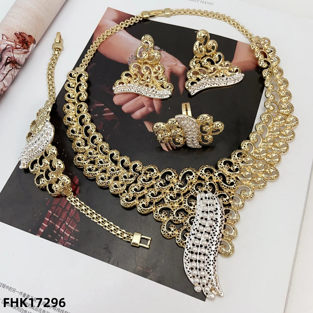 Nigeria Original 18K Gold Plated Jewelry Set Women Big Bold Necklace Earrings Bracelet Ring Wedding Party Accessor FHK17296
