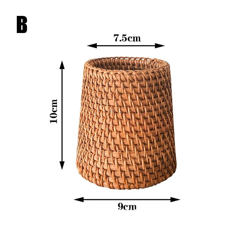 Rattan Pencil Holder, Handmade Wicker Pen Cup Makeup Brushes Holder, Woven Vine Desk Organizer Pen Container Box