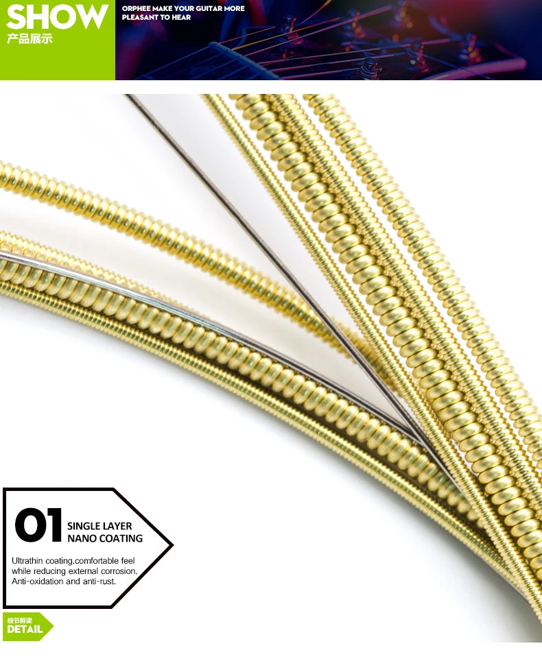 Orphee Acoustic Guitar Strings Set Medium Carbon Steel Hexagonal Core Rust Prevention Treatment Folk Guitar Parts & Accessories