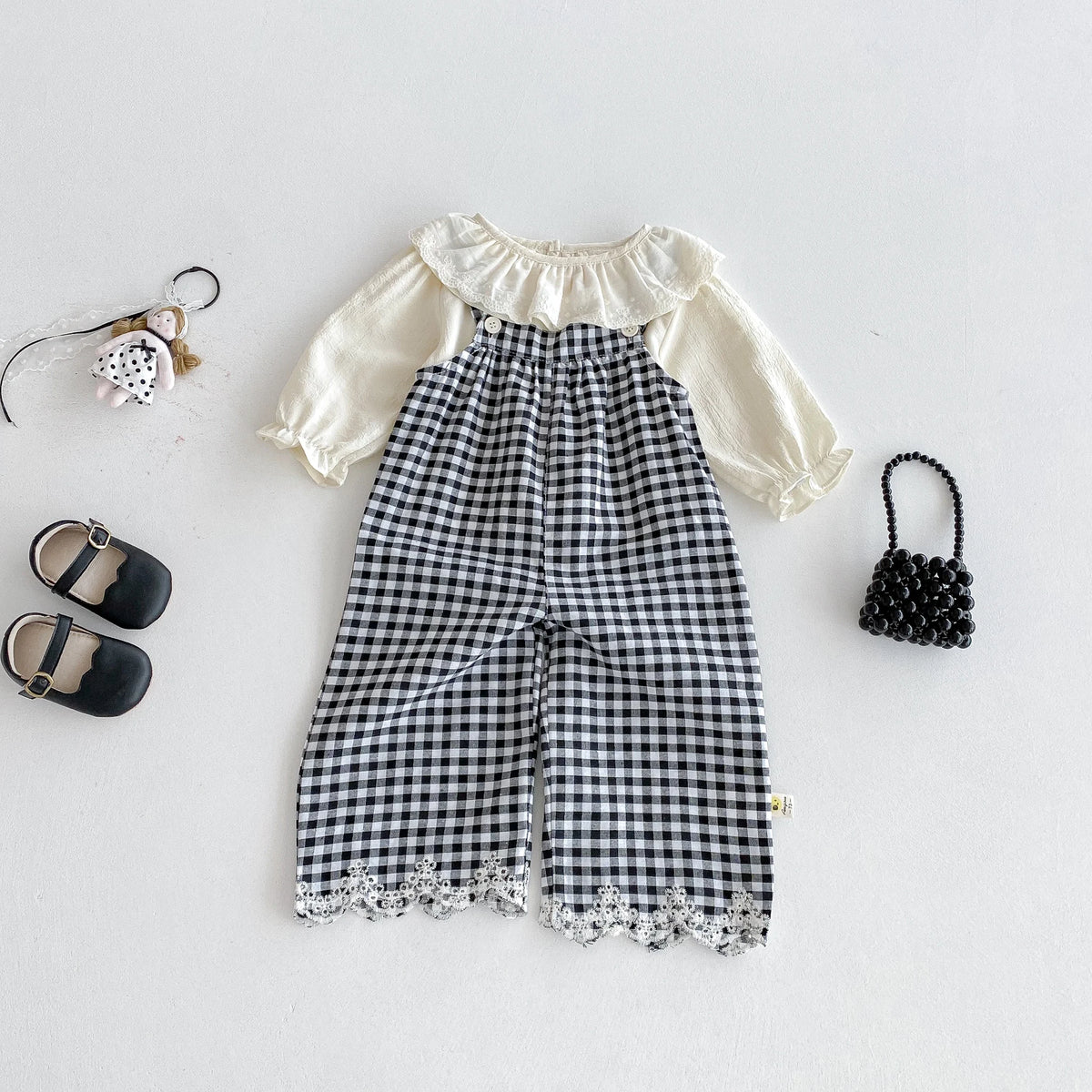 Baby Set: Autumn Girl Baby Lapel Long-Sleeved Top + Plaid Overalls Set, Sweet and Stylish Princess Set