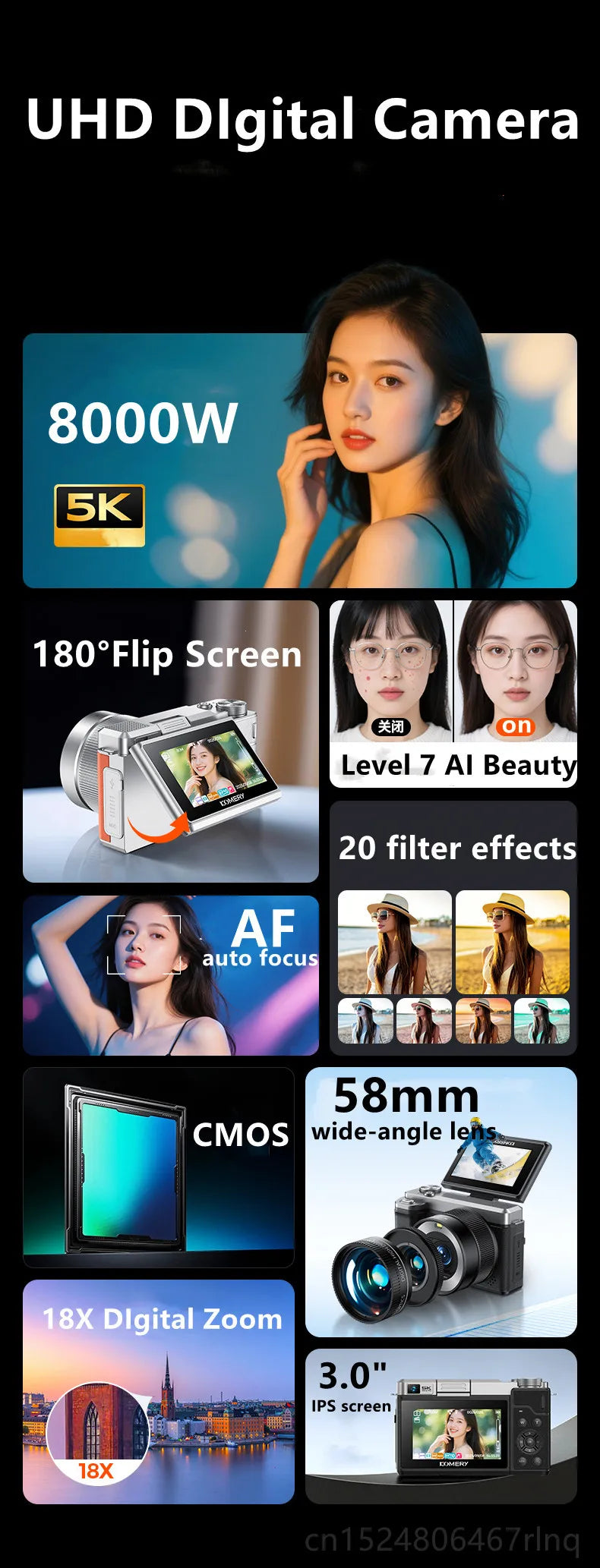 5K Digital Camera Auto Focus 80MP Vlogging Camera for YouTube and Anti-Shake Video Camera with Flash Dual Lens Selfile Camcorder