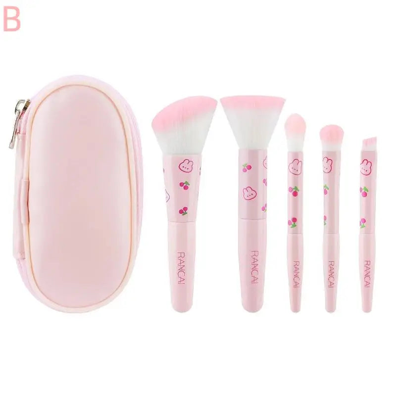 5pcs Cute Compact Makeup Brush Set With Case Premium Brush For Flawless Foundation Blush Eyeshadow Application Beauty Tools