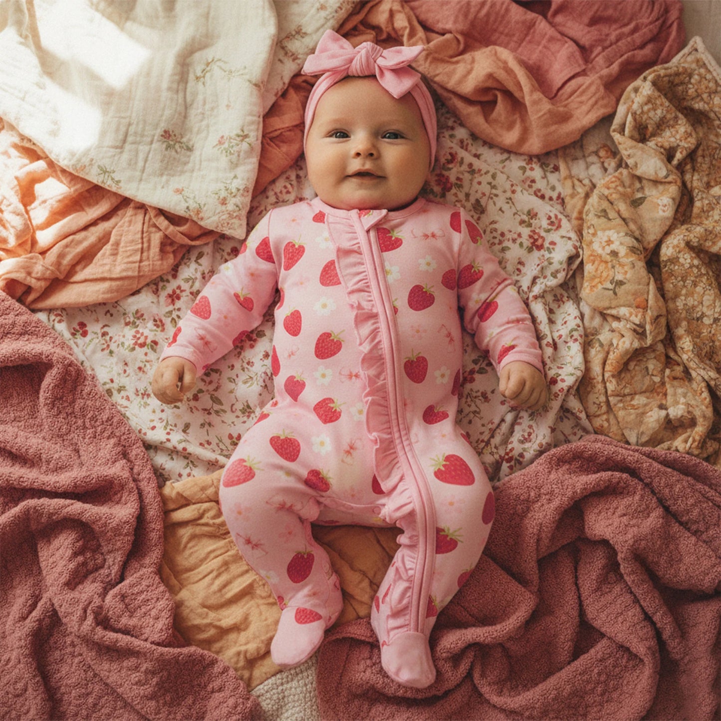 Newborn Baby Girl Footed Romper Strawberry Bow Print Long Sleeve Zip Up Round Neck Ruffled Jumpsuit with Headband