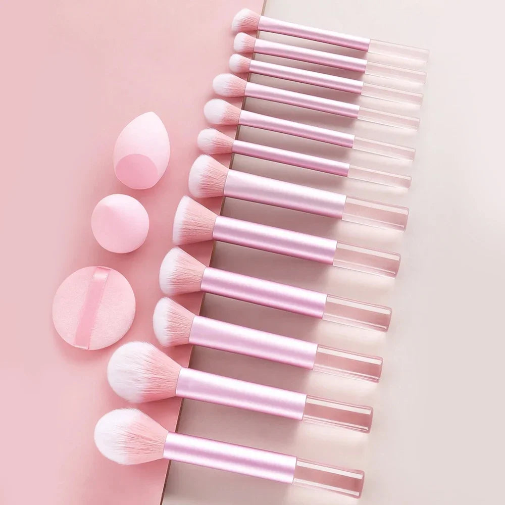 12pcs Professional Makeup Brush Set Incl. Eyeshadow, Powder, Blush Brushes, 2pcs Makeup Sponges, 1pc Powder Puff, Complete Trave