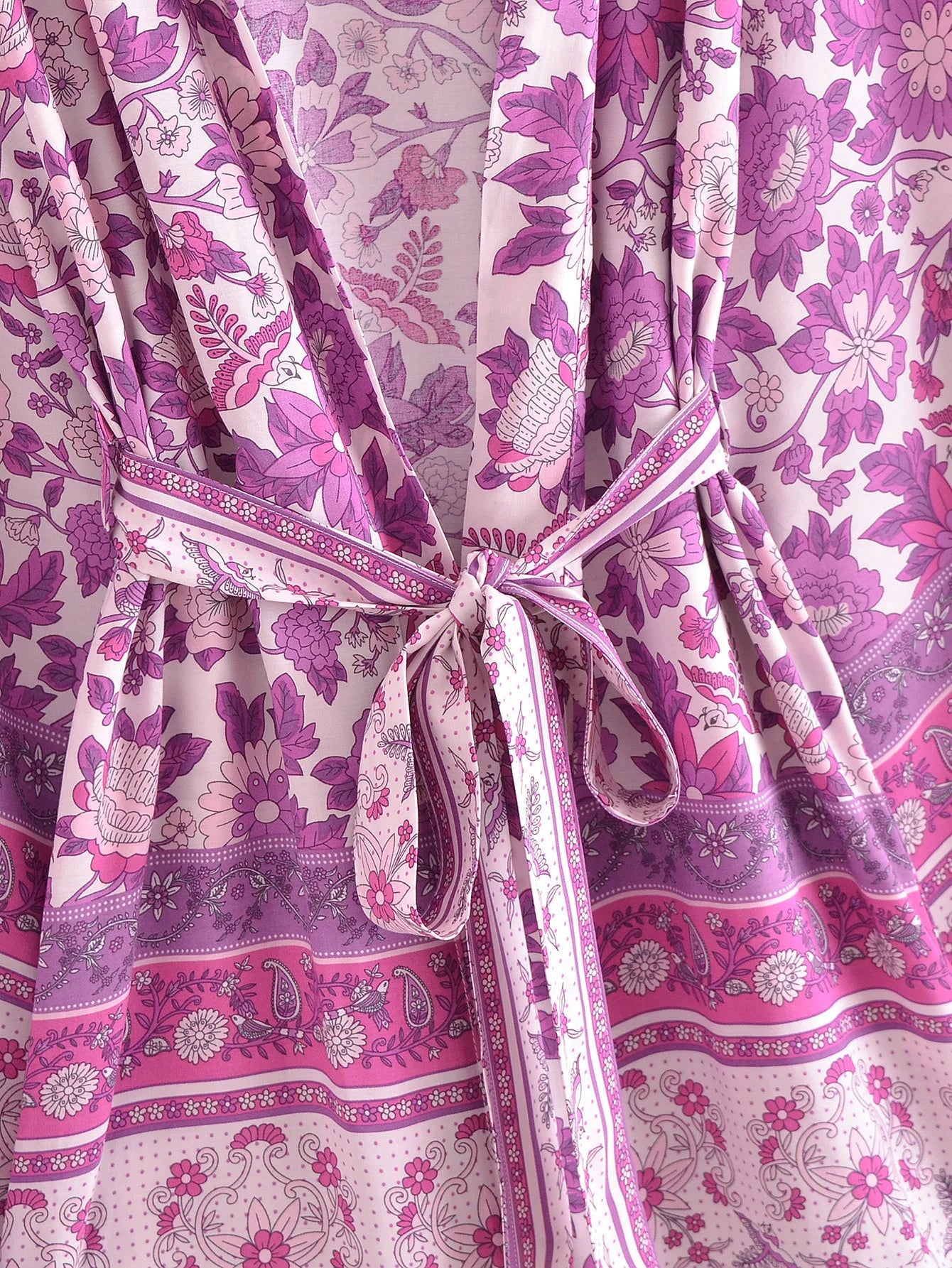 BOHO Women Blue With Pink Flower Print Kimono Shirt Holiday Tide Bow Sashes Mid Long Cardigan Summer Blouse Beach Cape