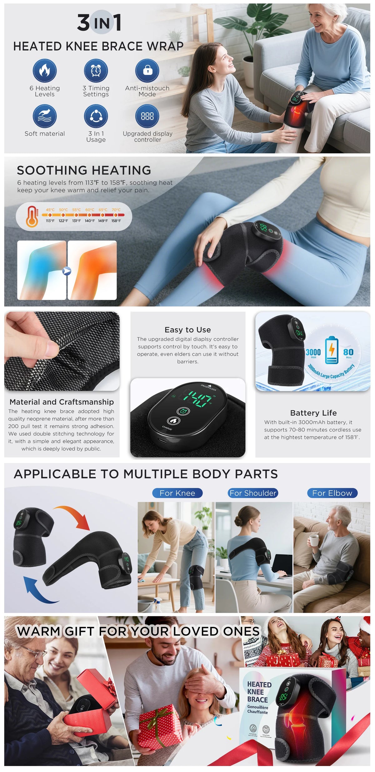 3 in 1 Heating Pad Shoulder Knee Elbow Brace for Arthritis Hot Compresss Joint Massage Strap Promote Blood Circulation Kneepad