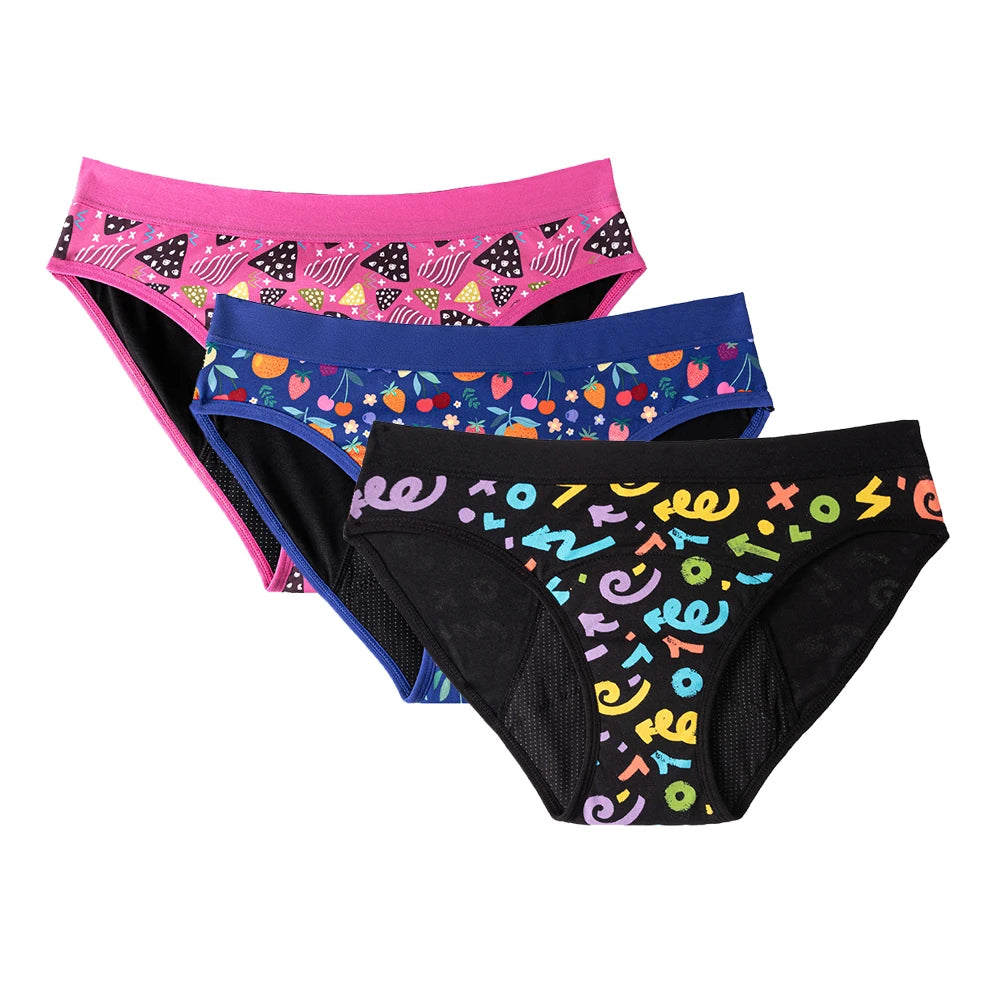 3PCS/Lot Girls Cotton Menstrual Panties For Teenager Printing Fabric Underwear 4-Layers Medium Flow Absorption Panties for Girls