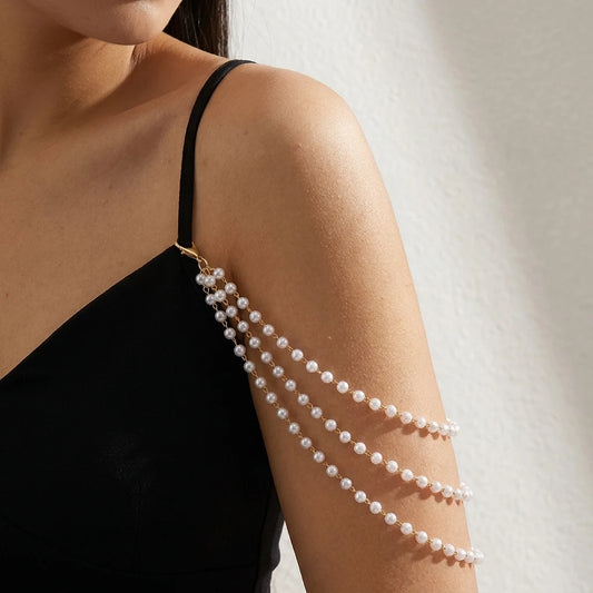 Sexy Imitation Pearl Body Chain for Women Multilayer Pearl Rice Beads Chain Shoulder Sweater Long Chain Party Wedding Jewelry