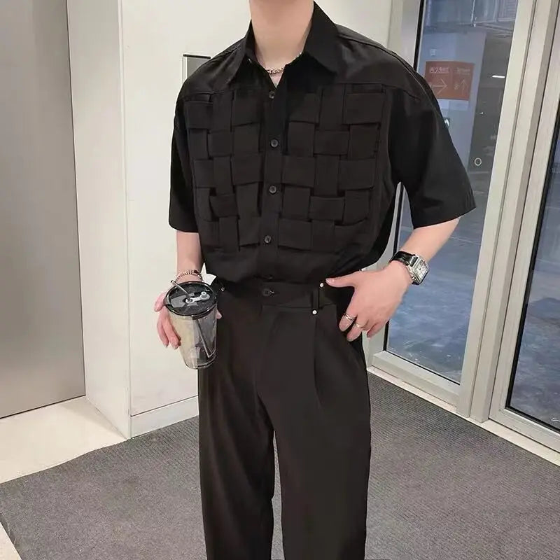 Vintage Weaving Shirts For Men Long/Short Sleeve Lapel INS Trend Tops Streetwear New Spring Summer Fashion Casual Loose Shirts