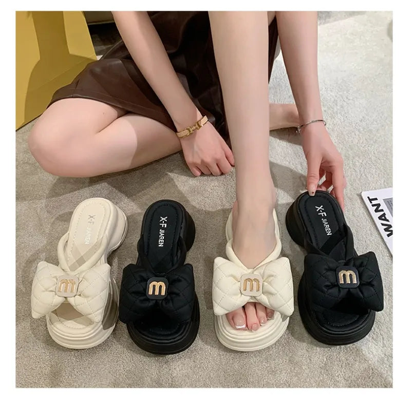 Summer Women's Slippers Designer Platform Slippers Fashion Bow One-Word Slipper 2025 New Casual Beach Slippers for Women Slides