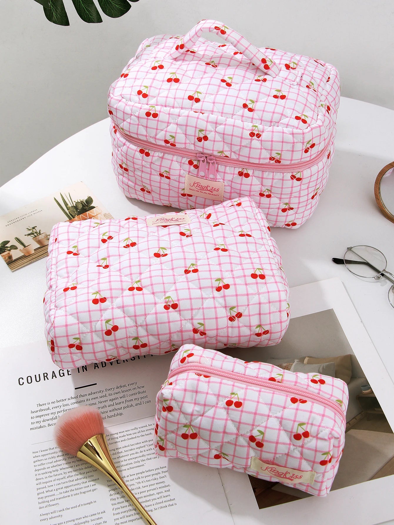 1pc/set Large Pink Cherry Quilted Makeup Bag, Cute Makeup Bag, Travel Makeup Bag, Makeup Storage Bag for Women Girls